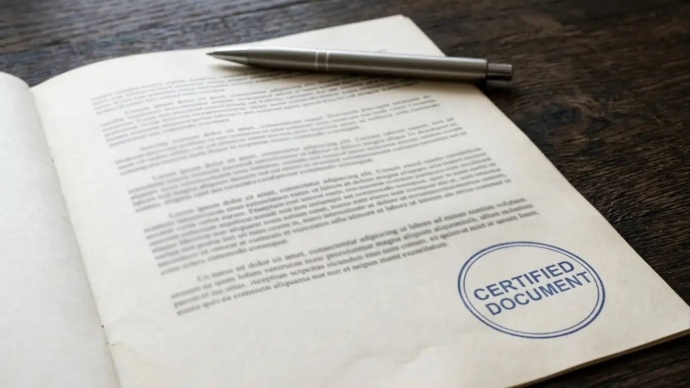 Open printed legislation document with a plain stamp on a wooden desk in daylight