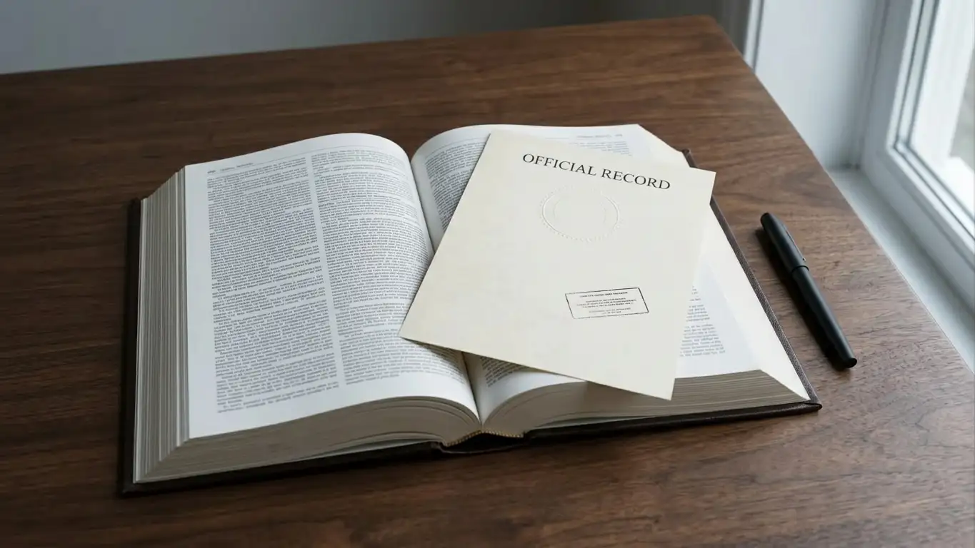 Open statute volume and a stamped official document on a plain desk