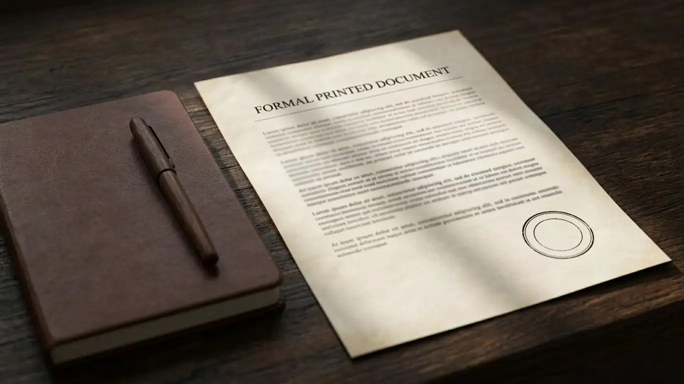 Official document with a stamp beside a plain notebook on a desk
