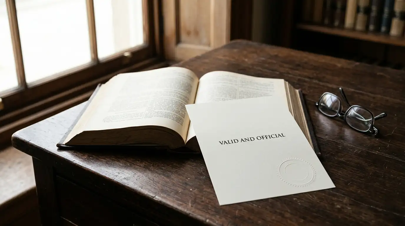Bound statute volume open on a desk beside a plain licence document without any crest