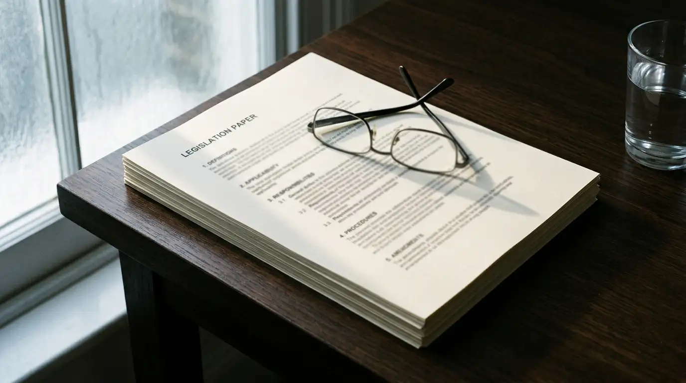 Printed pages of Australian legislation on a desk under soft daylight beside reading glasses