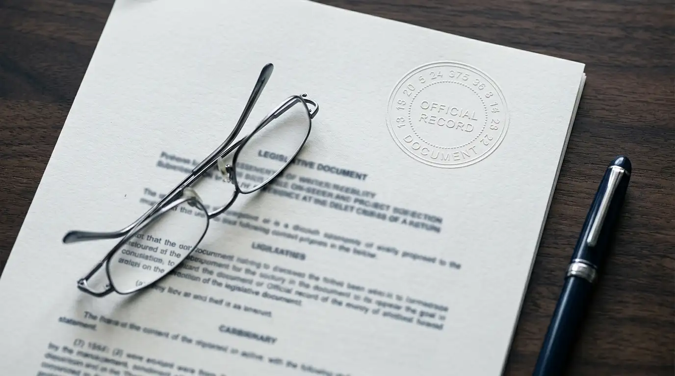 Printed legislation page with an official stamp beside a pair of reading glasses