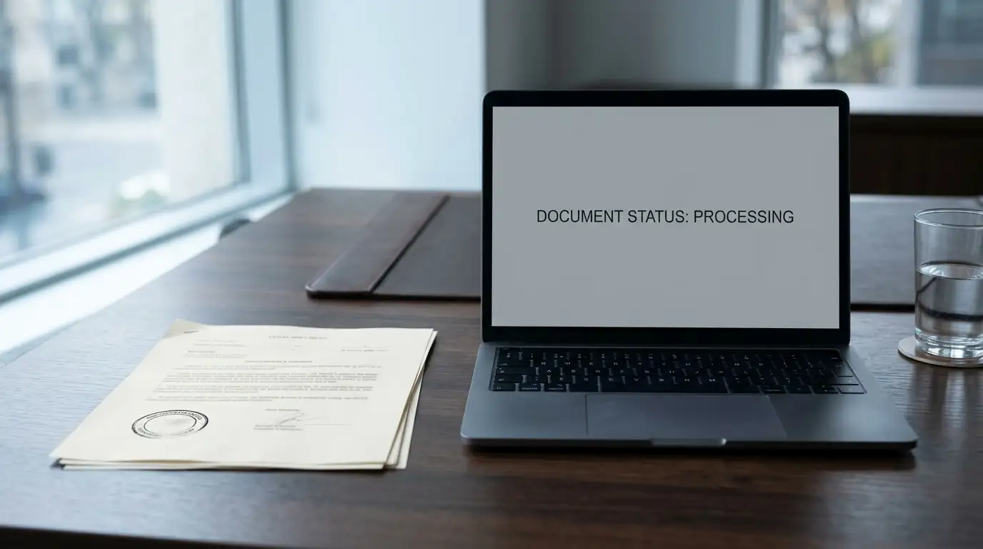 Stamped regulatory document beside an open laptop on a quiet office desk