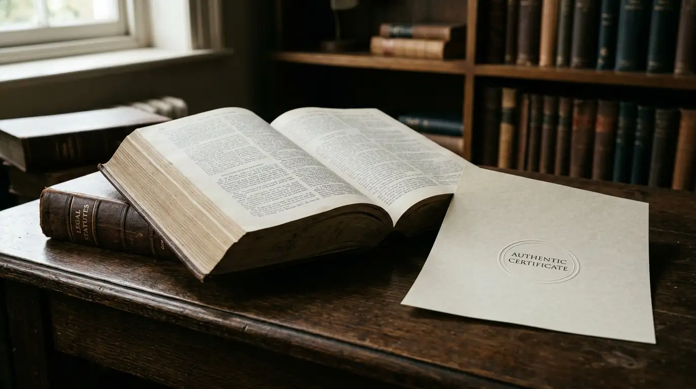 Open statute volume and a plain unbranded licence document side by side on a wooden table