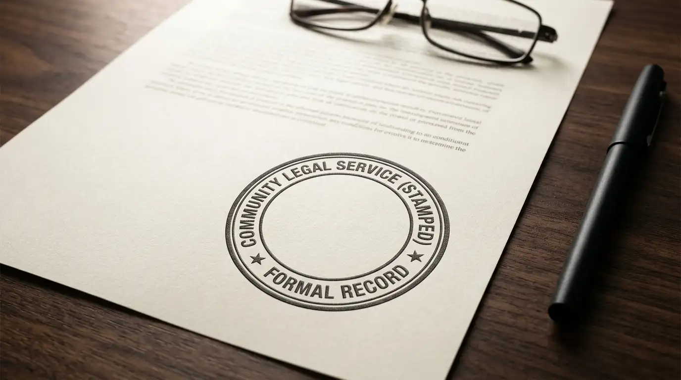 Plain government document on a desk with a stamped seal and no crest