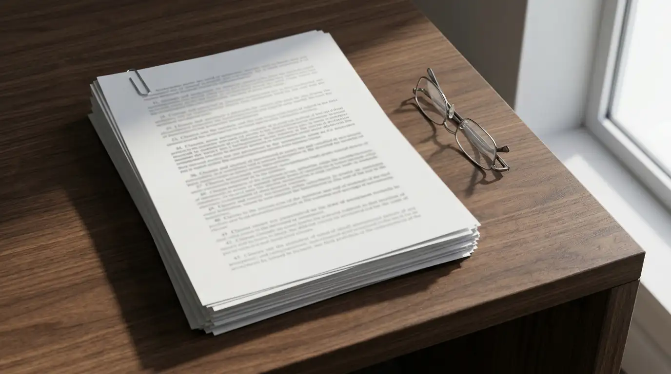 Printed legislation pages stacked on a desk beside reading glasses in daylight