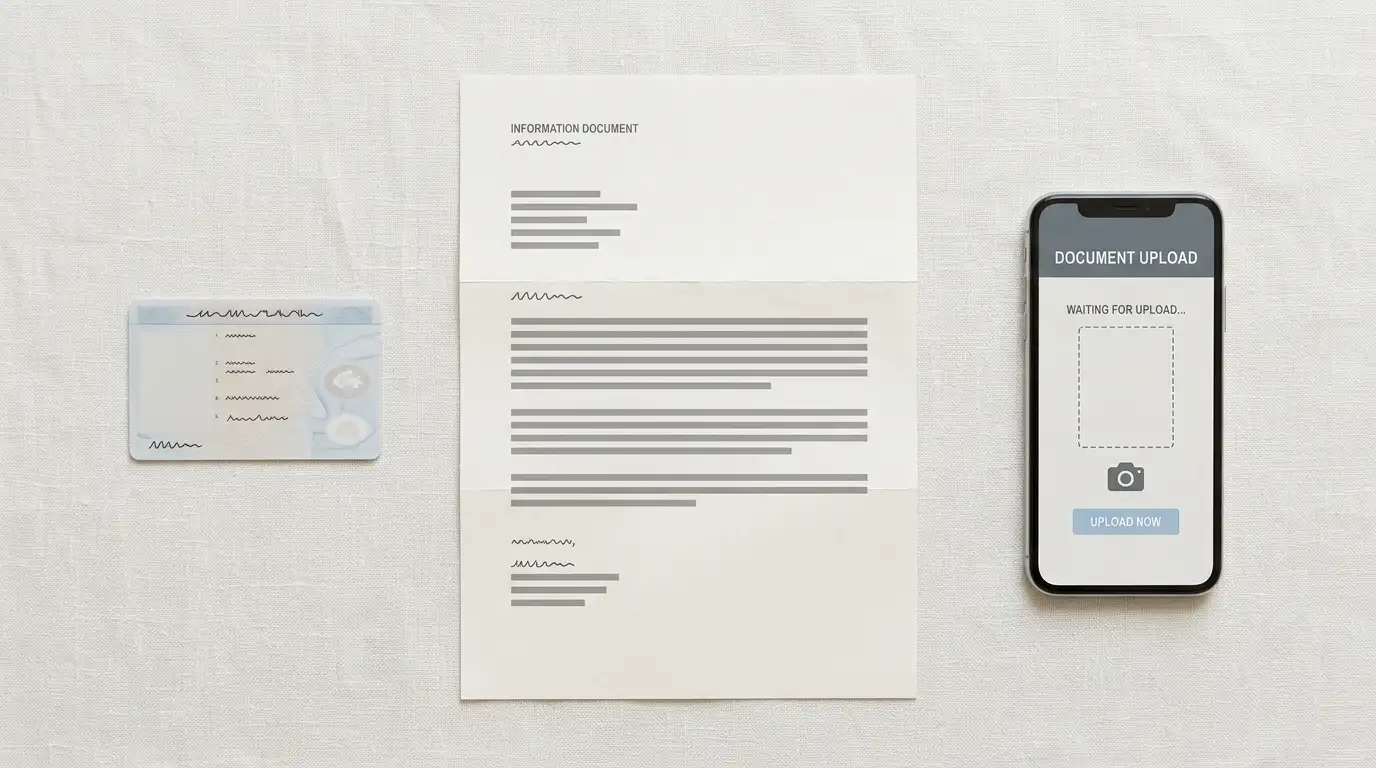 Identity documents and a proof of address letter laid out ready for casino account verification