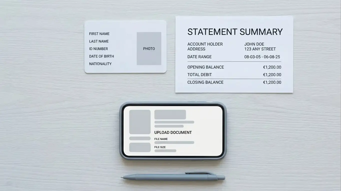 Identity document and utility bill laid out beside a laptop ready for account verification upload