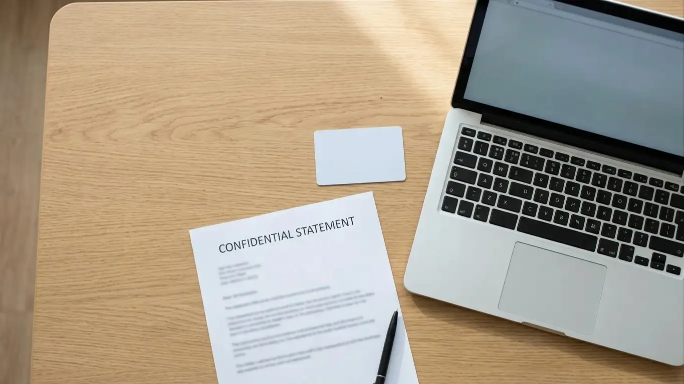 Identity document and a utility statement laid out on a desk beside an open laptop