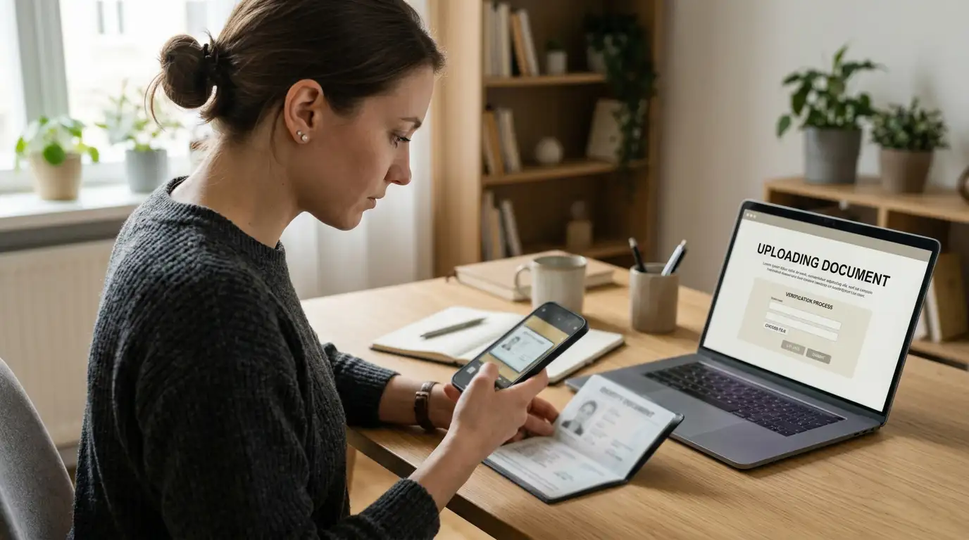 Person at a desk uploading identity documents from a phone to speed up a casino withdrawal
