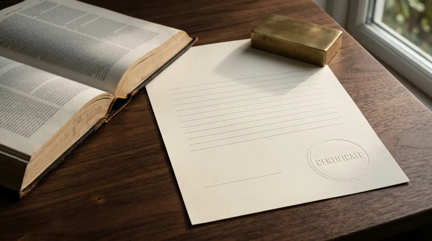 Neutral licence certificate document on a desk beside an open statute volume