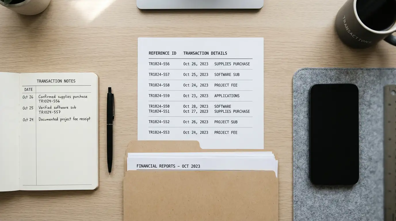 Desk with transaction records and notes kept for a payout dispute