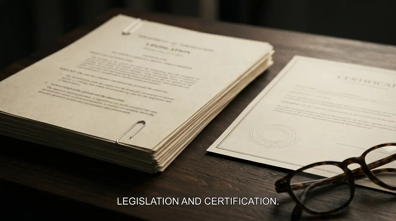 Printed Australian legislation pages beside a neutral offshore licence document