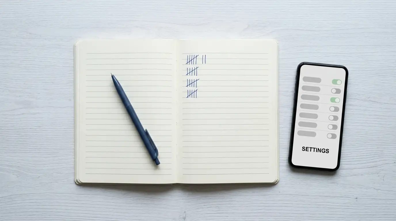 Notebook page tracking deposit totals beside a phone showing account limit settings