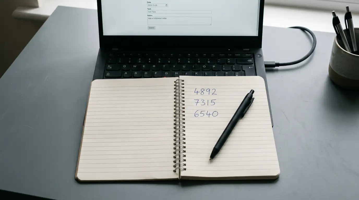 Notepad with three handwritten figures beside a laptop showing a casino cashier screen