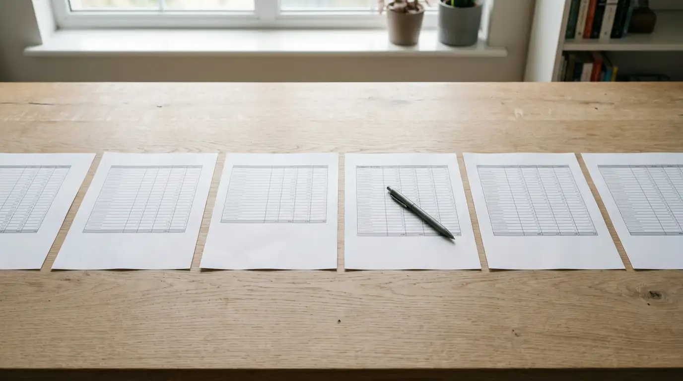Desk with printed comparison sheets of casino deposit conditions side by side