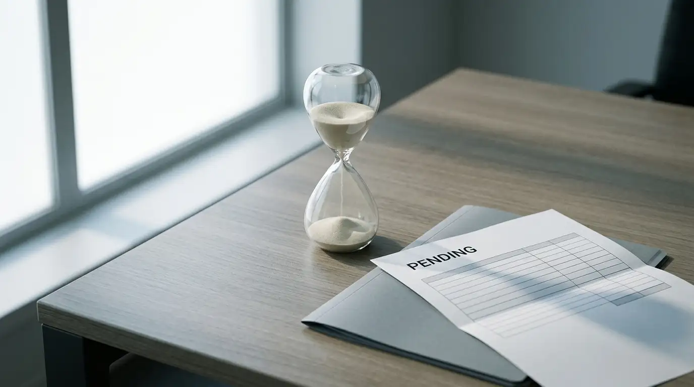 Hourglass beside a printed transaction statement on a quiet office desk