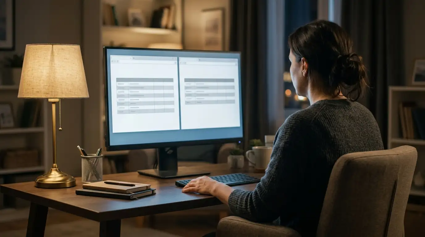 Person at a desk comparing operator details across two open browser windows on a monitor