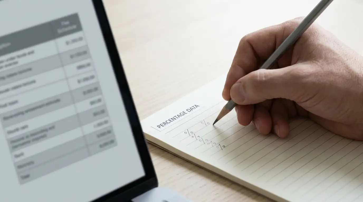 Hand writing percentage figures on a notepad next to a laptop showing a payment fee schedule