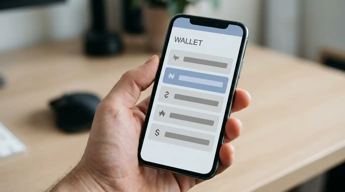 Smartphone showing a multi-currency e-wallet balance with an Australian dollar account selected