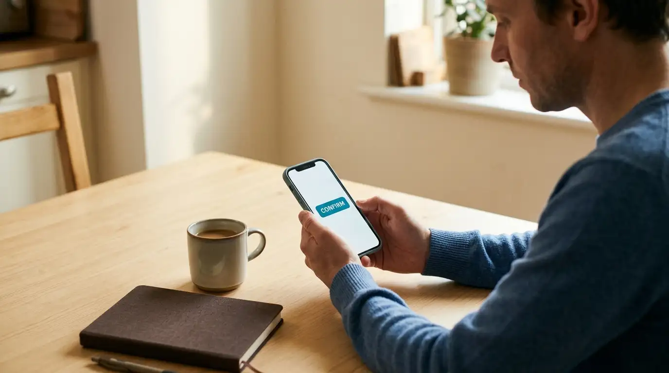Person using a mobile phone to confirm a payment while sitting at a kitchen table