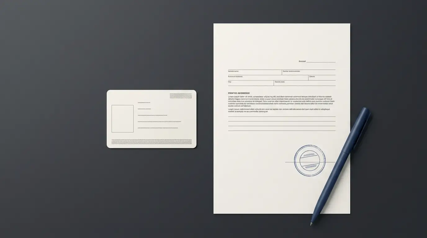 Identity documents and a stamped verification form arranged neatly on an office desk