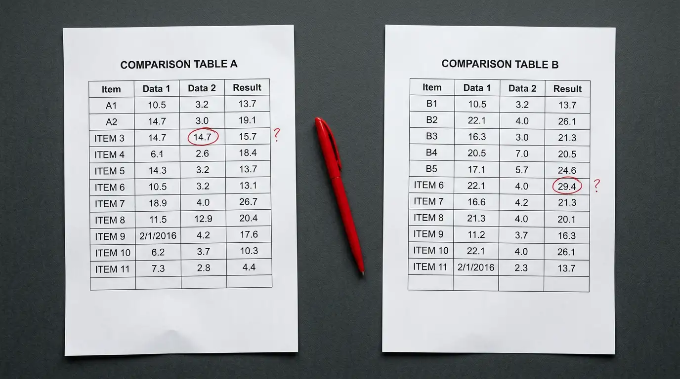 Two printed pages side by side showing different figures for the same row