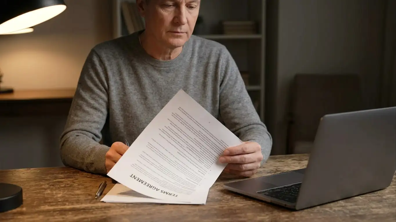 Person at a desk reading a printed terms document with a pen resting on the page