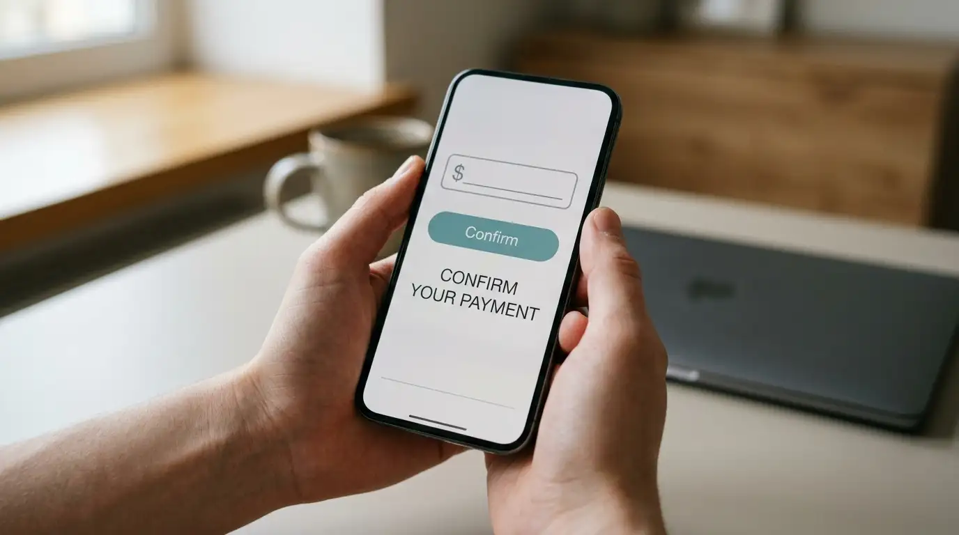 Hand holding a phone mid-transfer with a neutral banking interface open