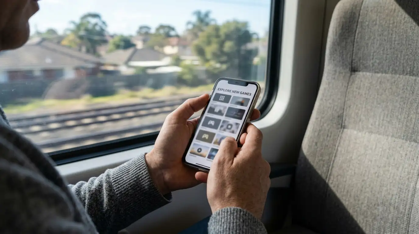 Person holding a phone showing a plain mobile casino lobby while commuting on a train