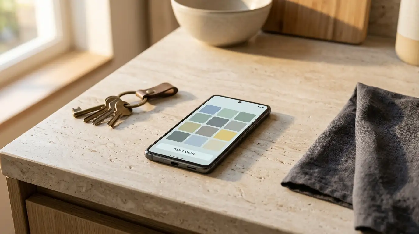 Smartphone displaying a neutral game lobby resting on a kitchen bench