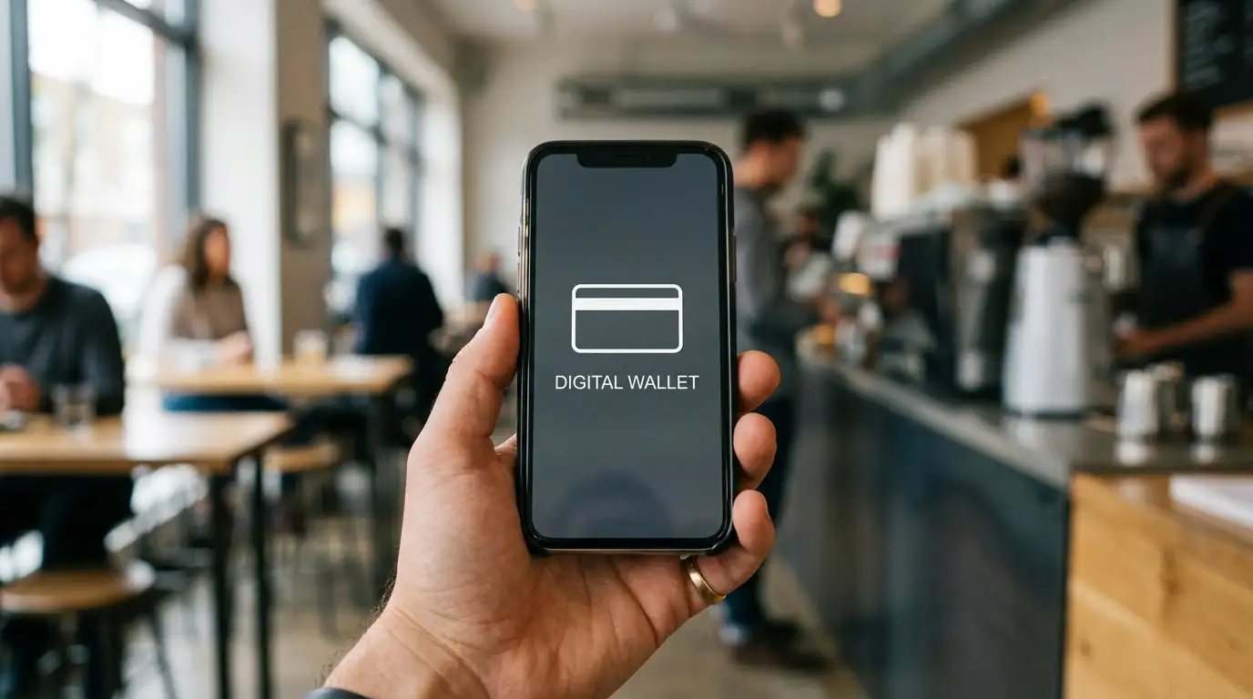 Smartphone held ready for a contactless payment with a neutral wallet screen open