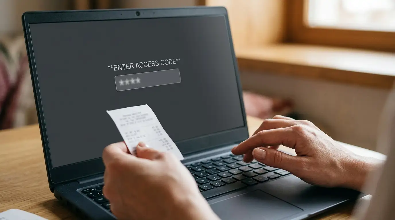 Hands entering a numeric code into a laptop payment field with a paper receipt alongside