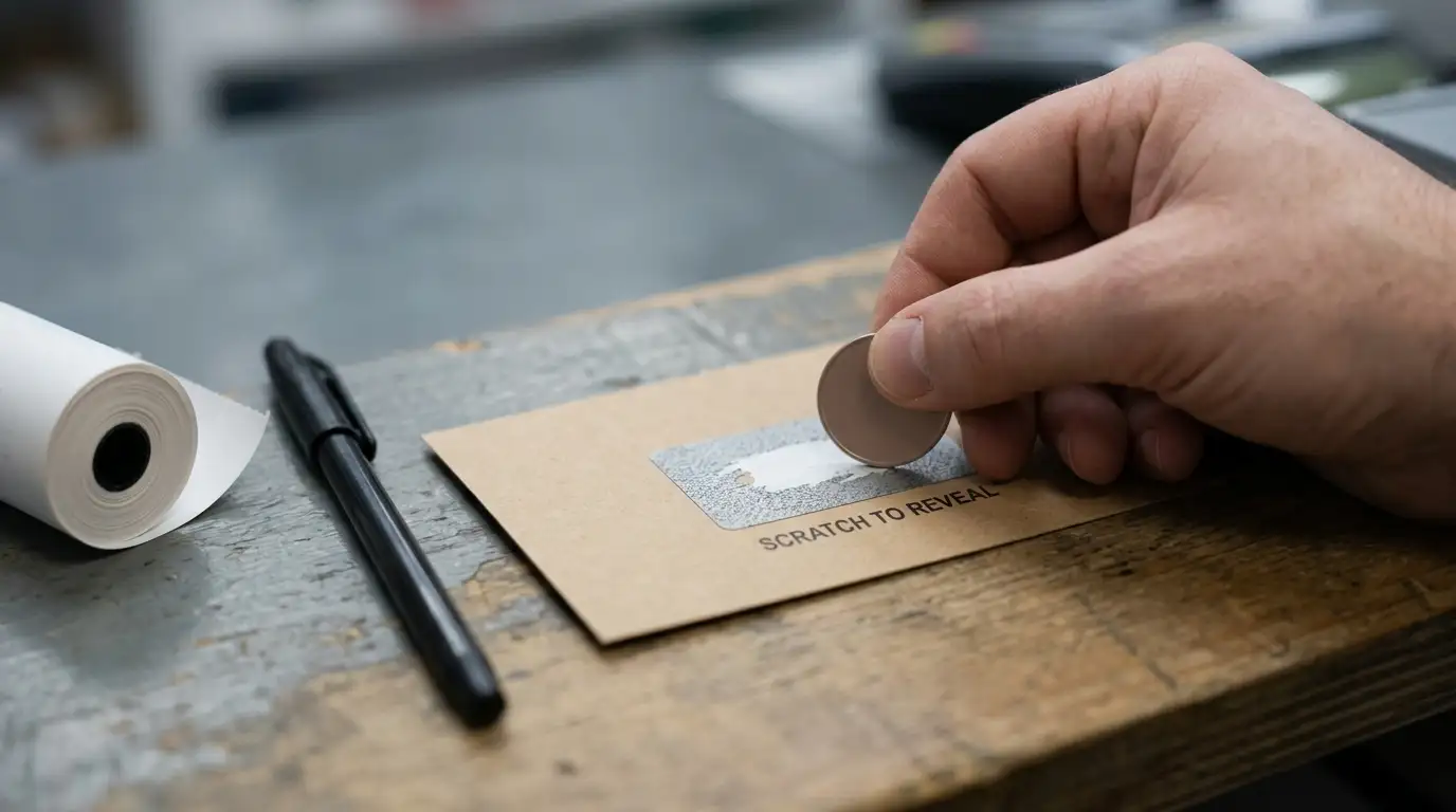 Prepaid voucher slip with a scratch panel on a newsagent counter