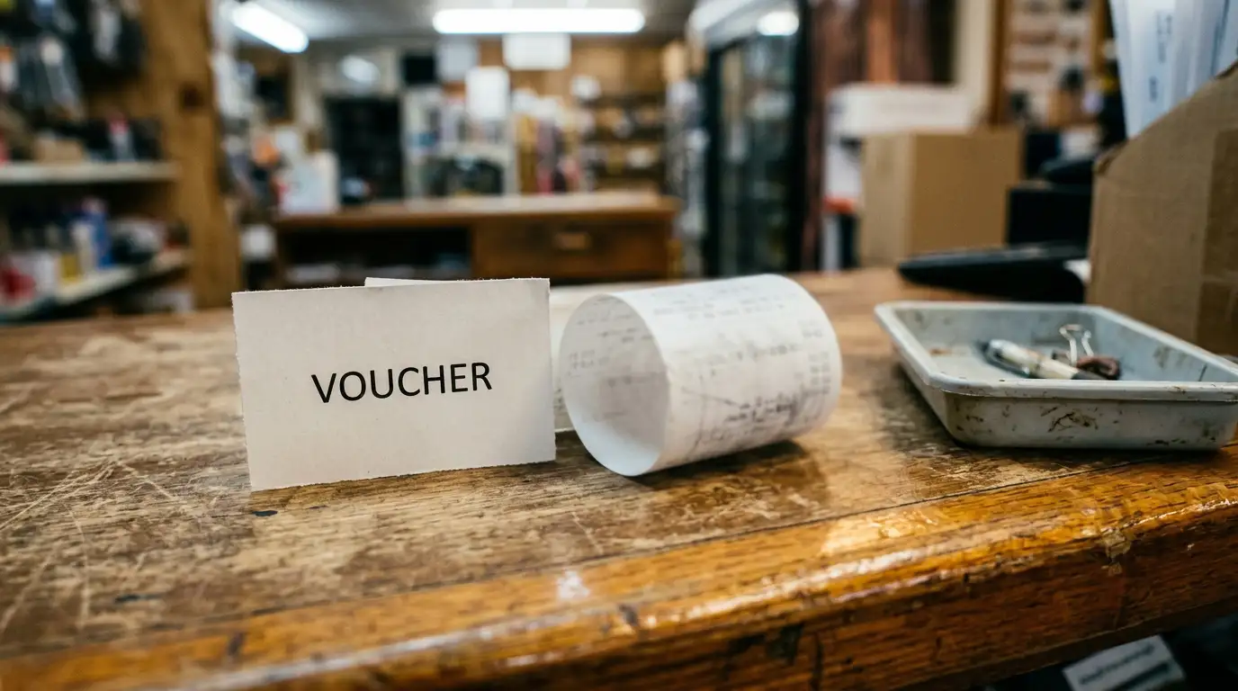 Blank prepaid voucher slip on a shop counter with a printed receipt beside it