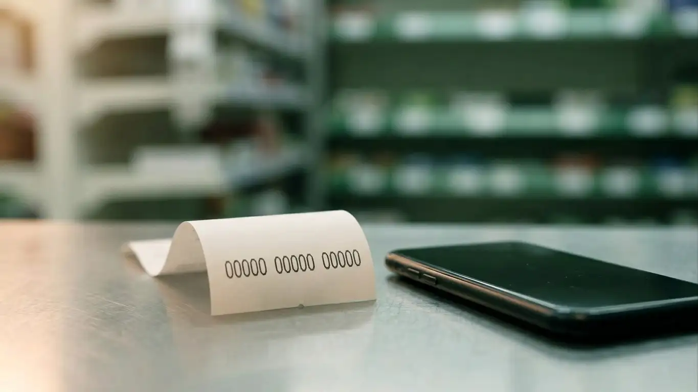 Printed retail receipt with a numeric voucher code beside a phone at a convenience store counter