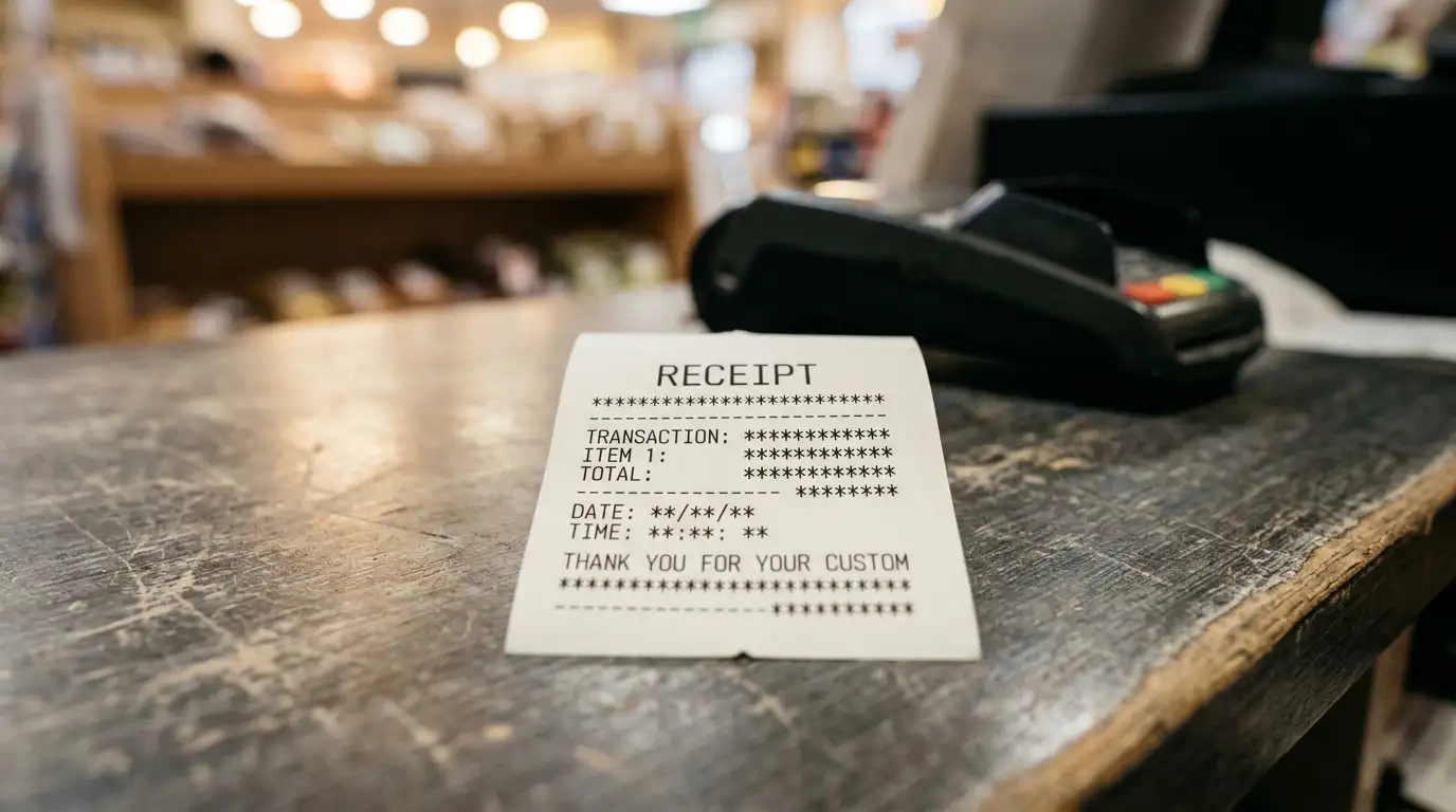 Prepaid voucher slip with a printed code lying on a shop counter