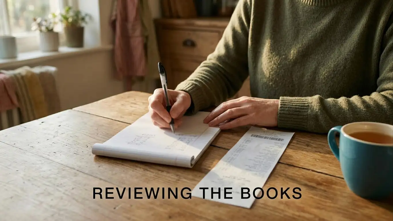 Person working through figures with pen and notepad at a kitchen table