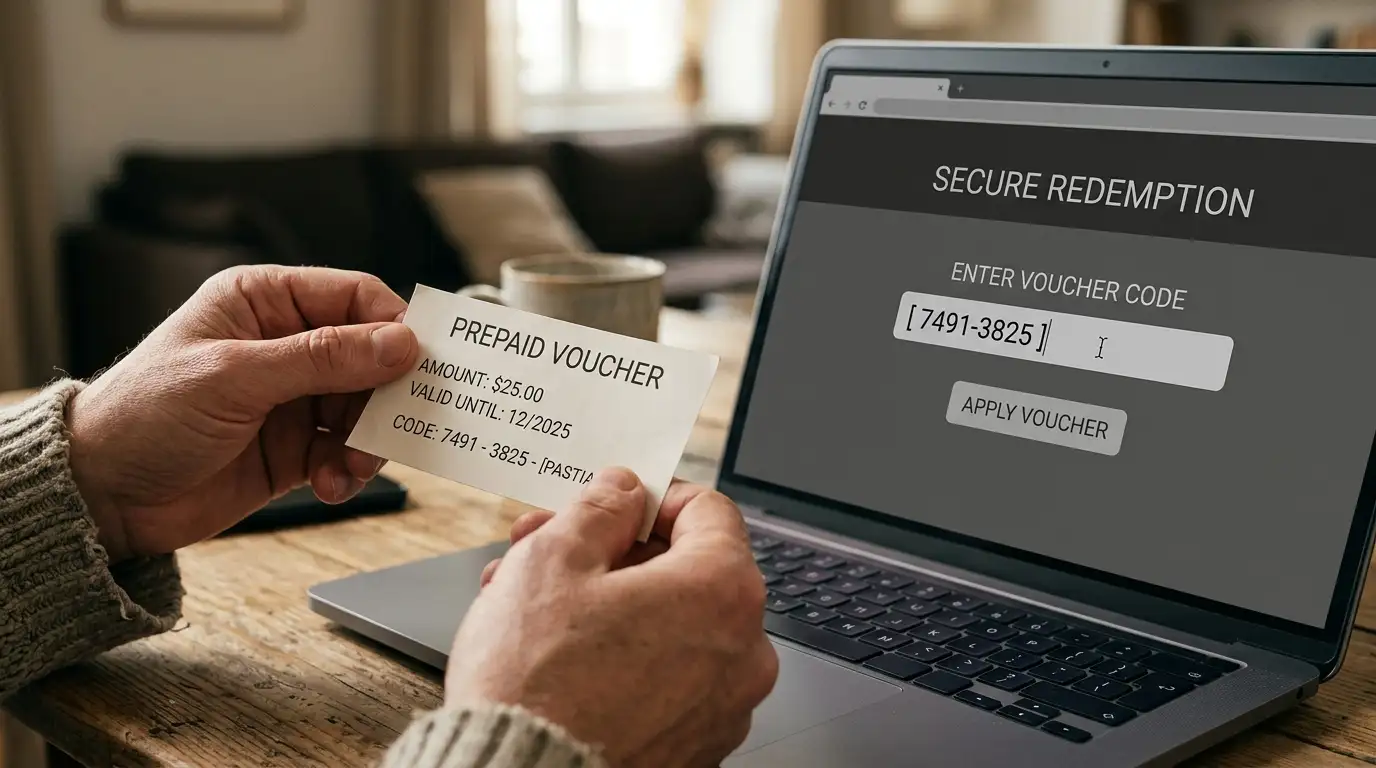 Prepaid voucher code being entered at a pokies cashier for a small deposit