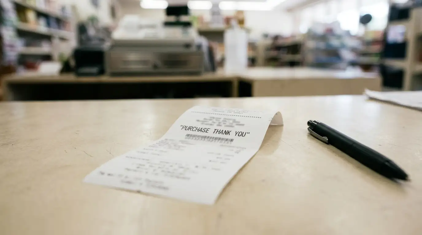 Printed prepaid voucher receipt with a redemption code lying on a counter