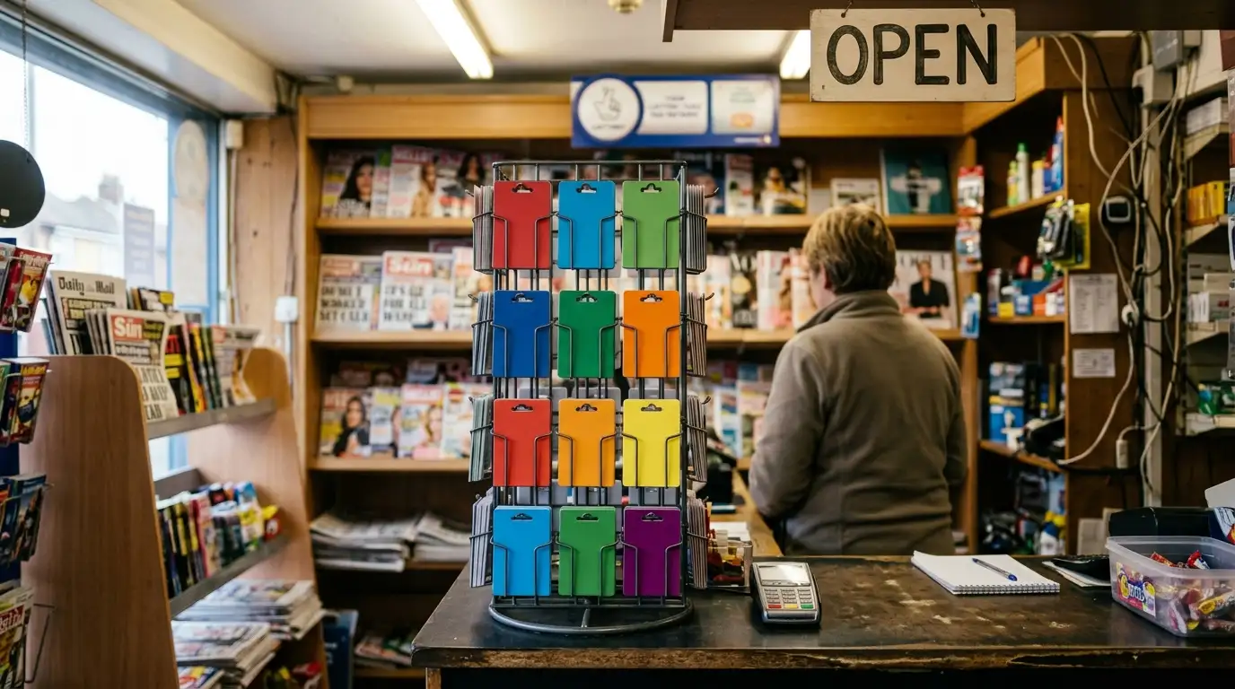 Prepaid voucher cards displayed on a gift card rack in an Australian newsagent