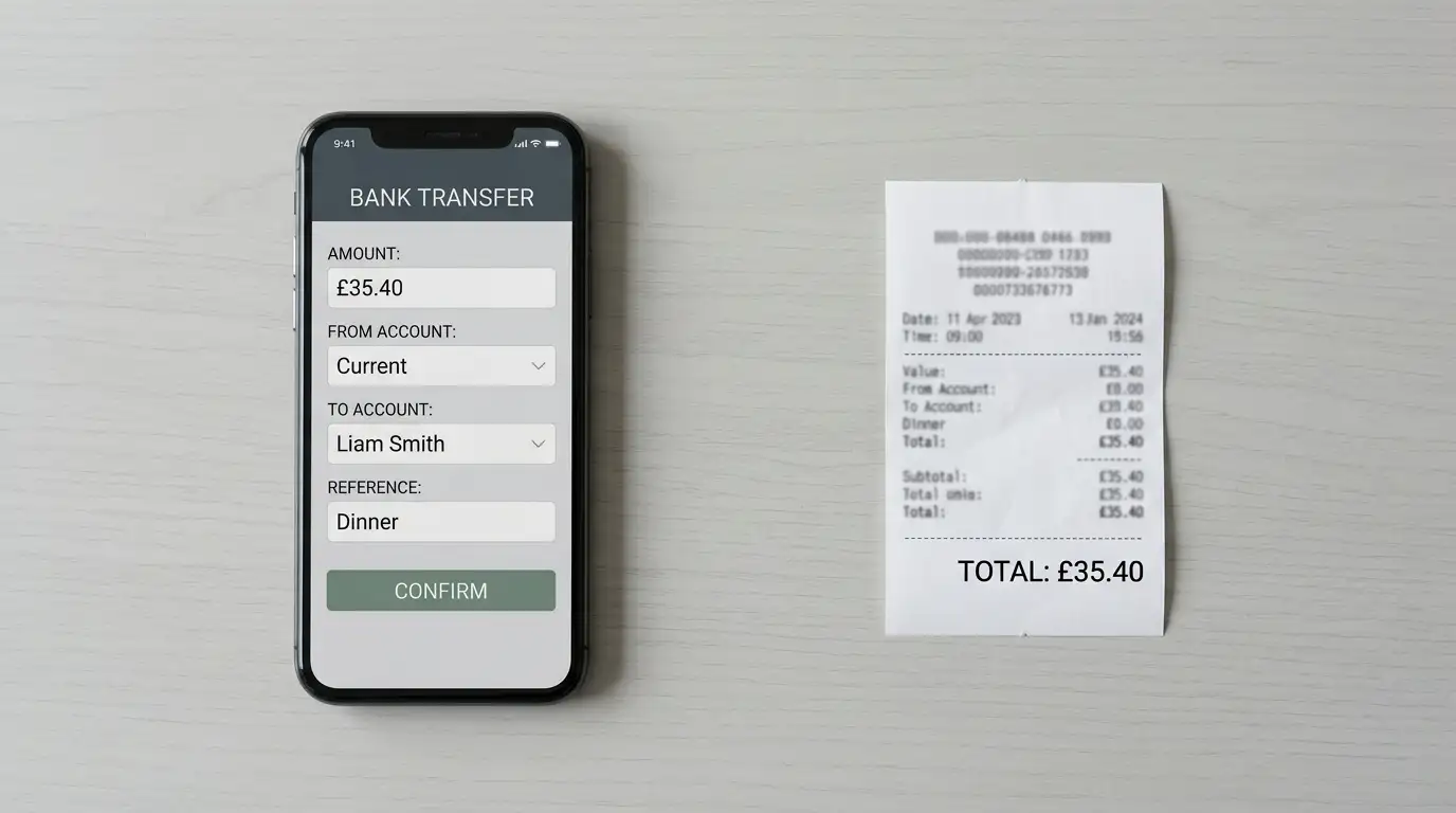 Smartphone showing a neutral banking transfer interface beside a paper voucher receipt