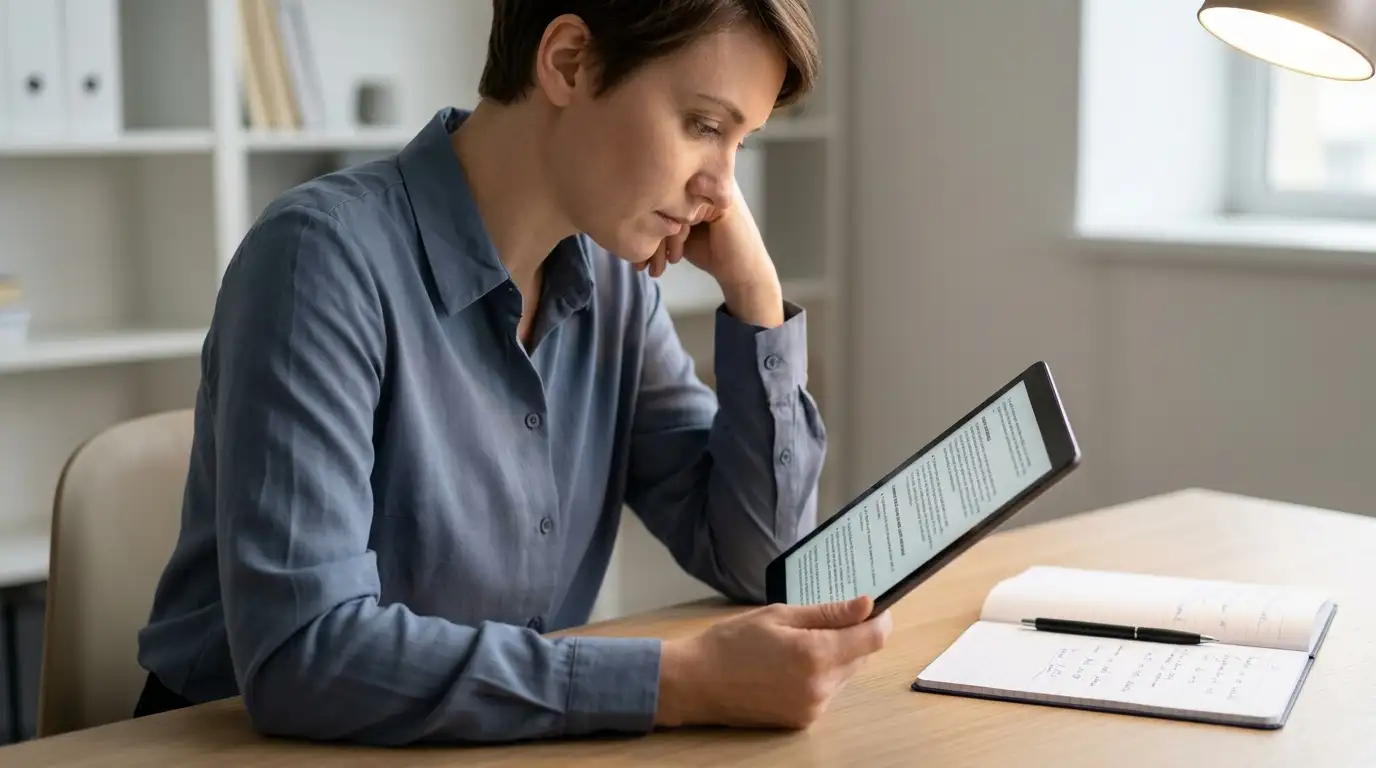 Person at a desk reading terms and conditions on a tablet beside a notepad