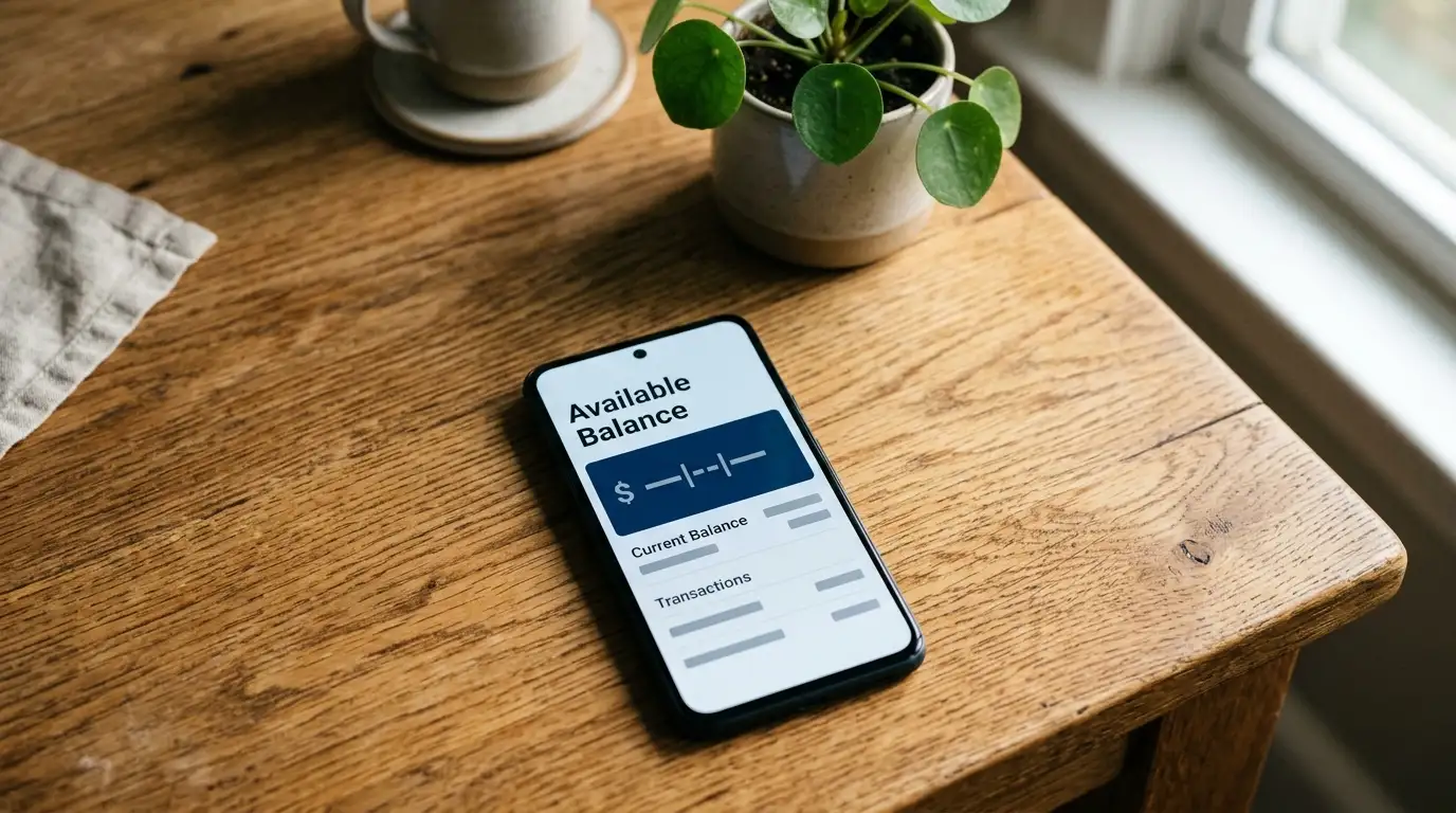 Smartphone showing a neutral wallet balance screen resting on a wooden table