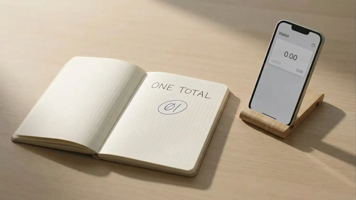 Notebook with a written spending figure beside a phone showing a wallet balance