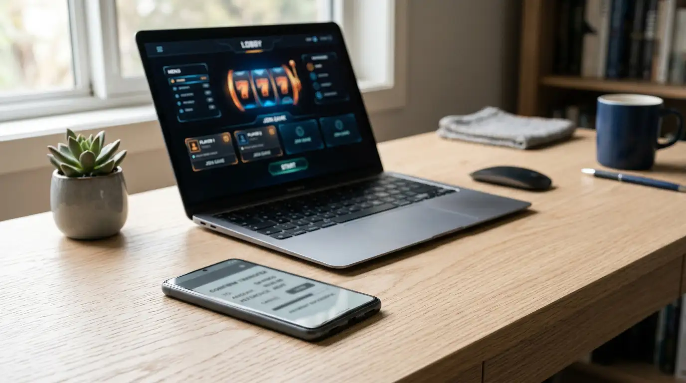 Smartphone showing a banking app beside a laptop with new PayID pokies sites open