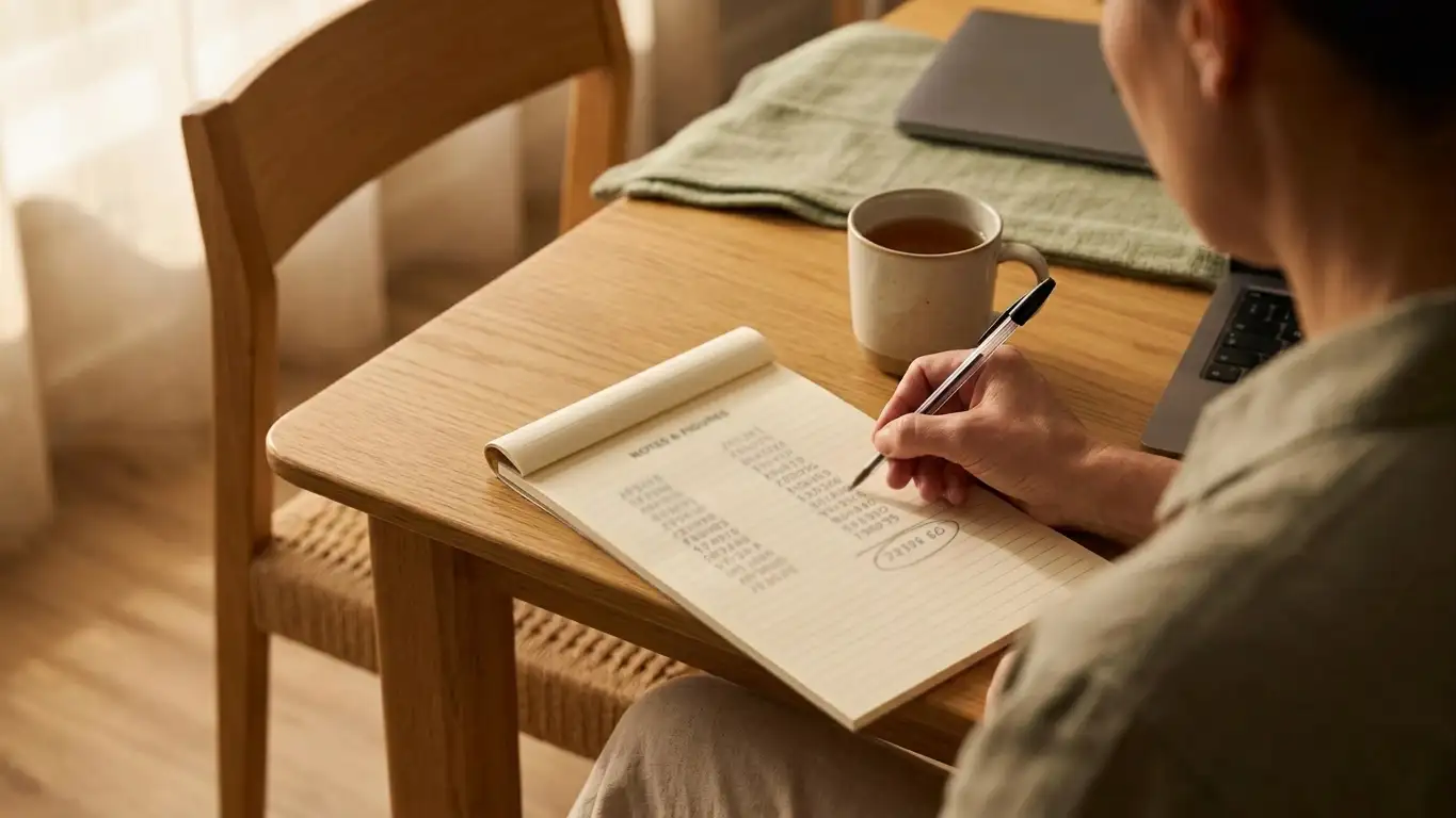 Person working through bonus wagering figures with a pen on a notepad