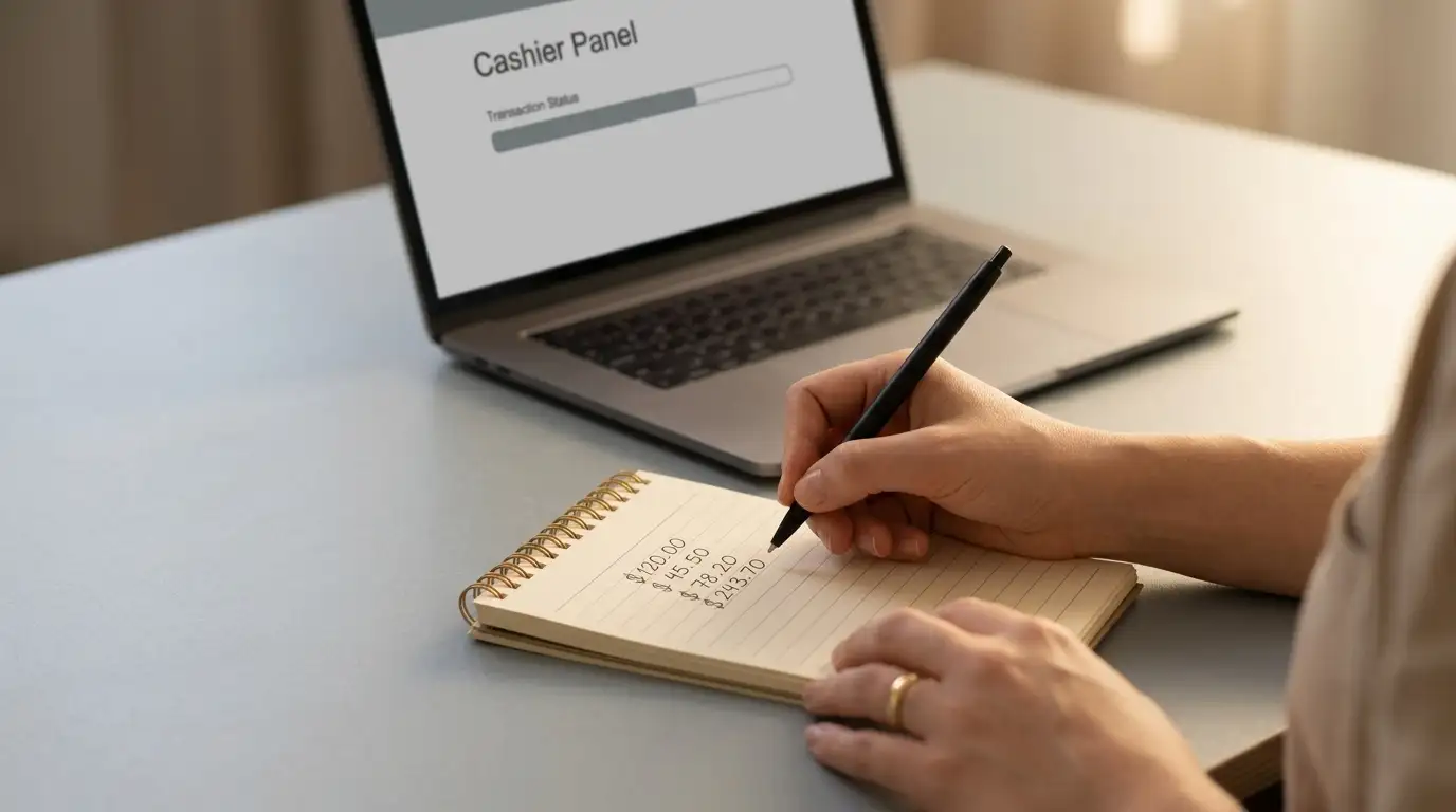 Notepad listing withdrawal amounts in Australian dollars beside a laptop cashier screen