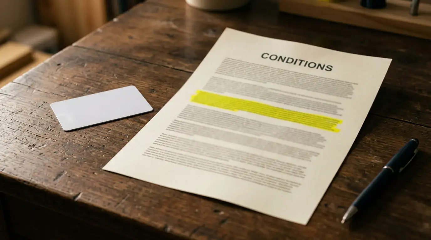 Identity document face down on a desk beside a terms page with a highlighted clause