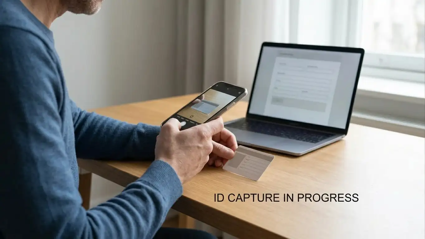 Person photographing an identity document with a smartphone at a tidy desk
